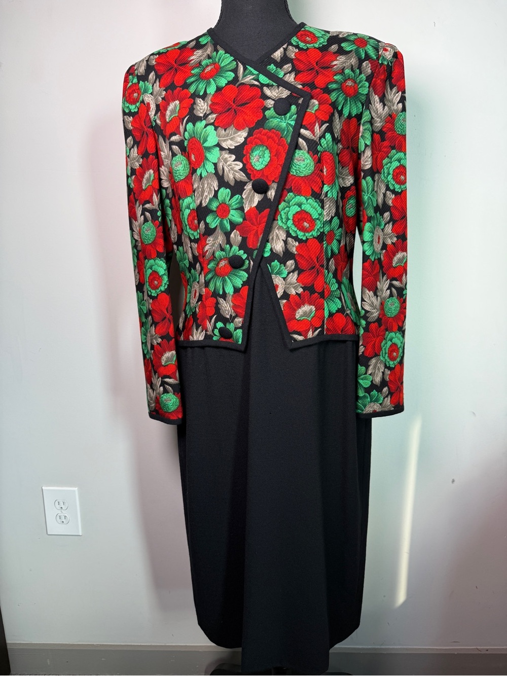 Vintage 80s Adele Simpson Wool Floral Faux Jacket Midi Dress Sz M (US 10/12)